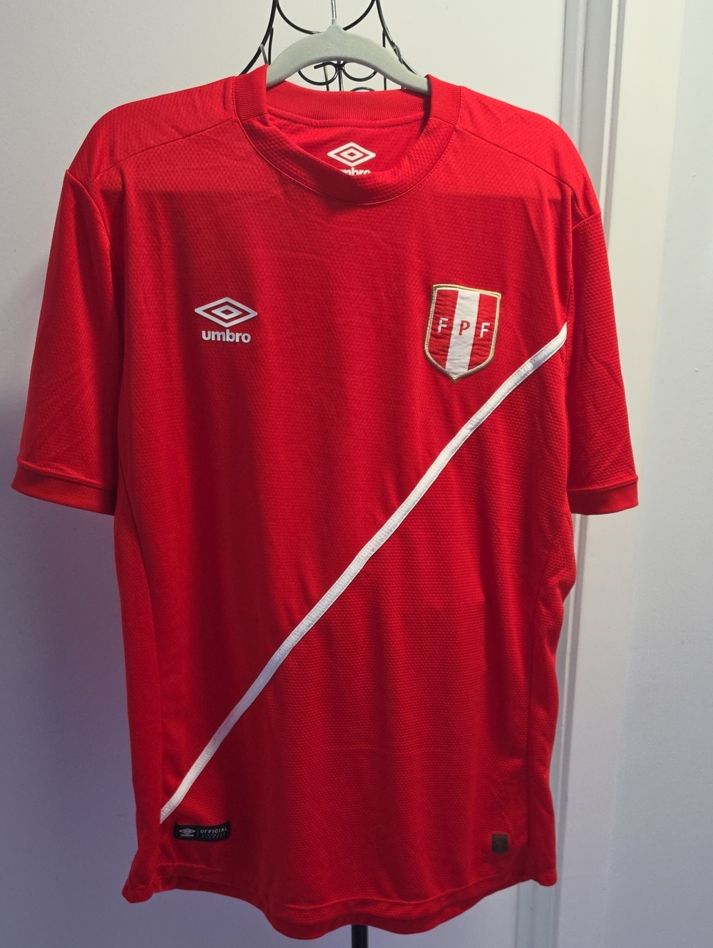 Umbro Red Soccer Jersey with White Diagonal Trim
